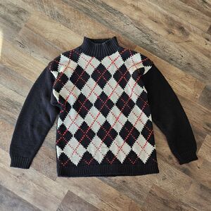 Vintage  KARIN AUST Women's Sz S Black Red White Argyle Hin Neck Sweater. Cotton
